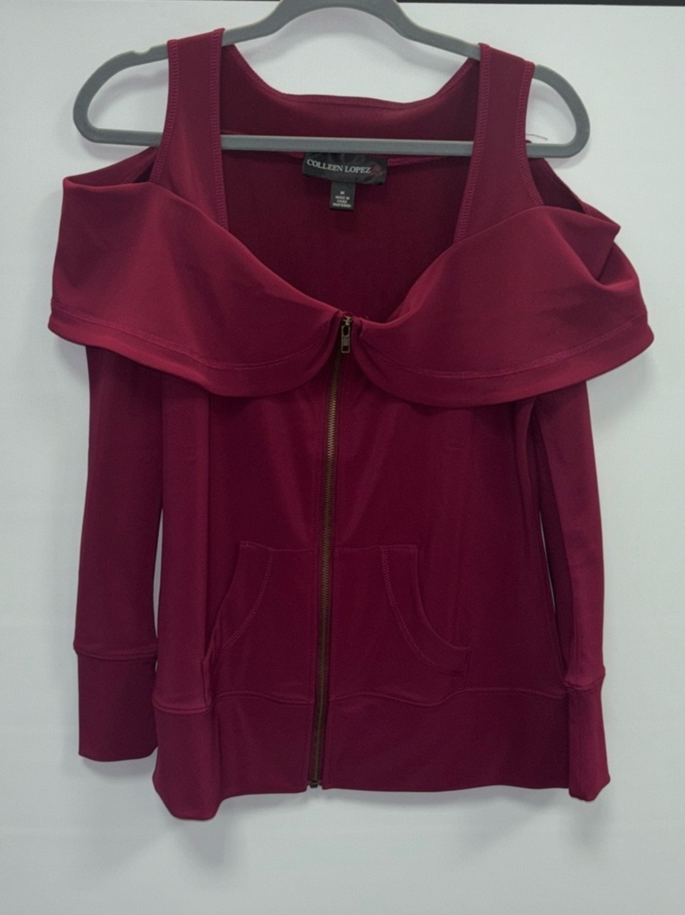 Colleen Lopez Burgundy Off-Shoulder Zip Jacket